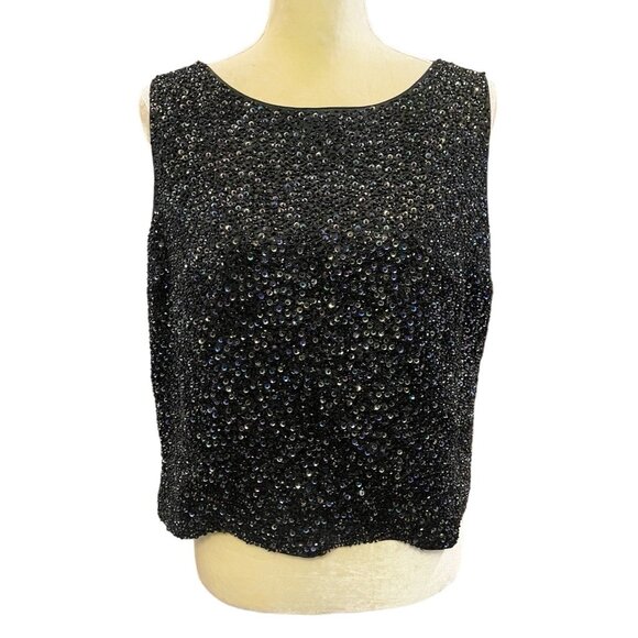 Vintage 60’s Gene Shelly Black Sequined Beaded Silk Blend Sleeveless Top Size 14 - Picture 2 of 10